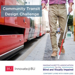Text: Community Transit Design Challenge Image: Man walking with a white cane next to a train