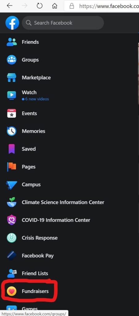 Facebook Page w/ Fundraising circled
