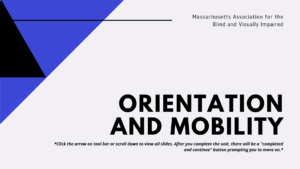 image of title slide of "Orientation and Mobility" Training"