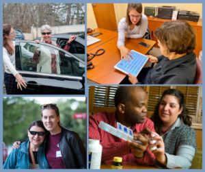 a collage of 4 photos showing MABVI participant, volunteers, and staff