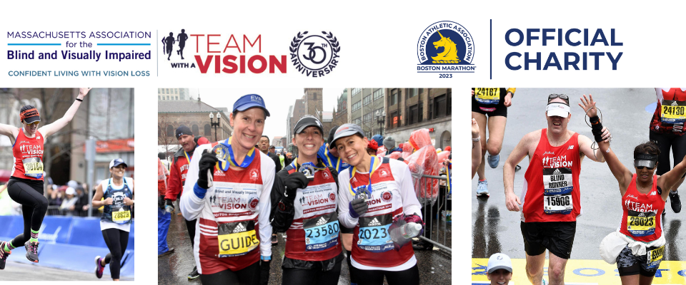 3 Team With A Vision runners smiling at the Boston Marathon finish