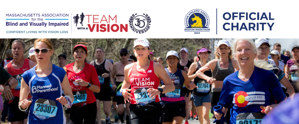 two images of Team With A Vision runners at the Boston Marathon