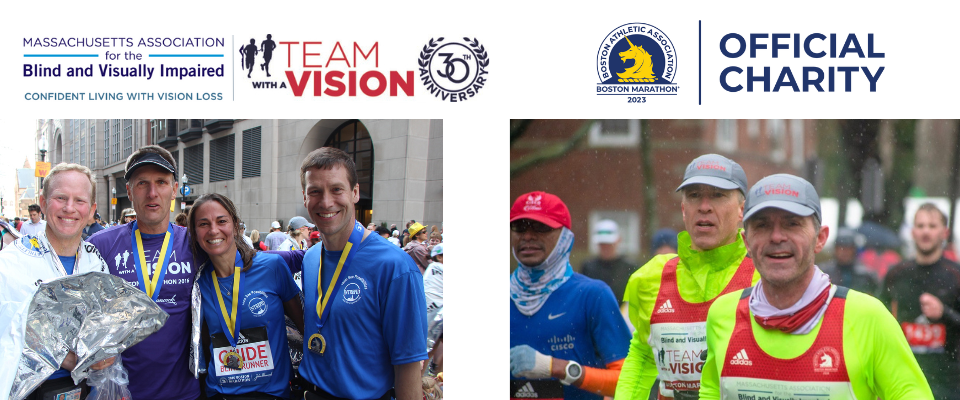 two images of Team With A Vision runners at the Boston Marathon finish line