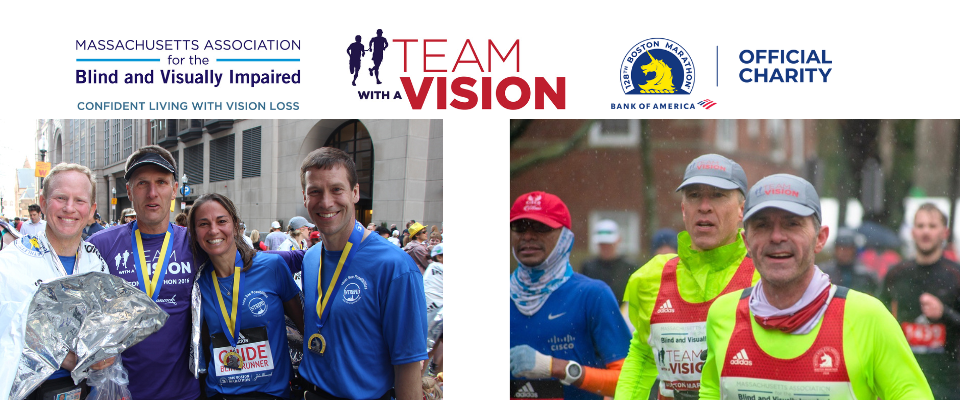 two images of Team With A Vision runners at the Boston Marathon