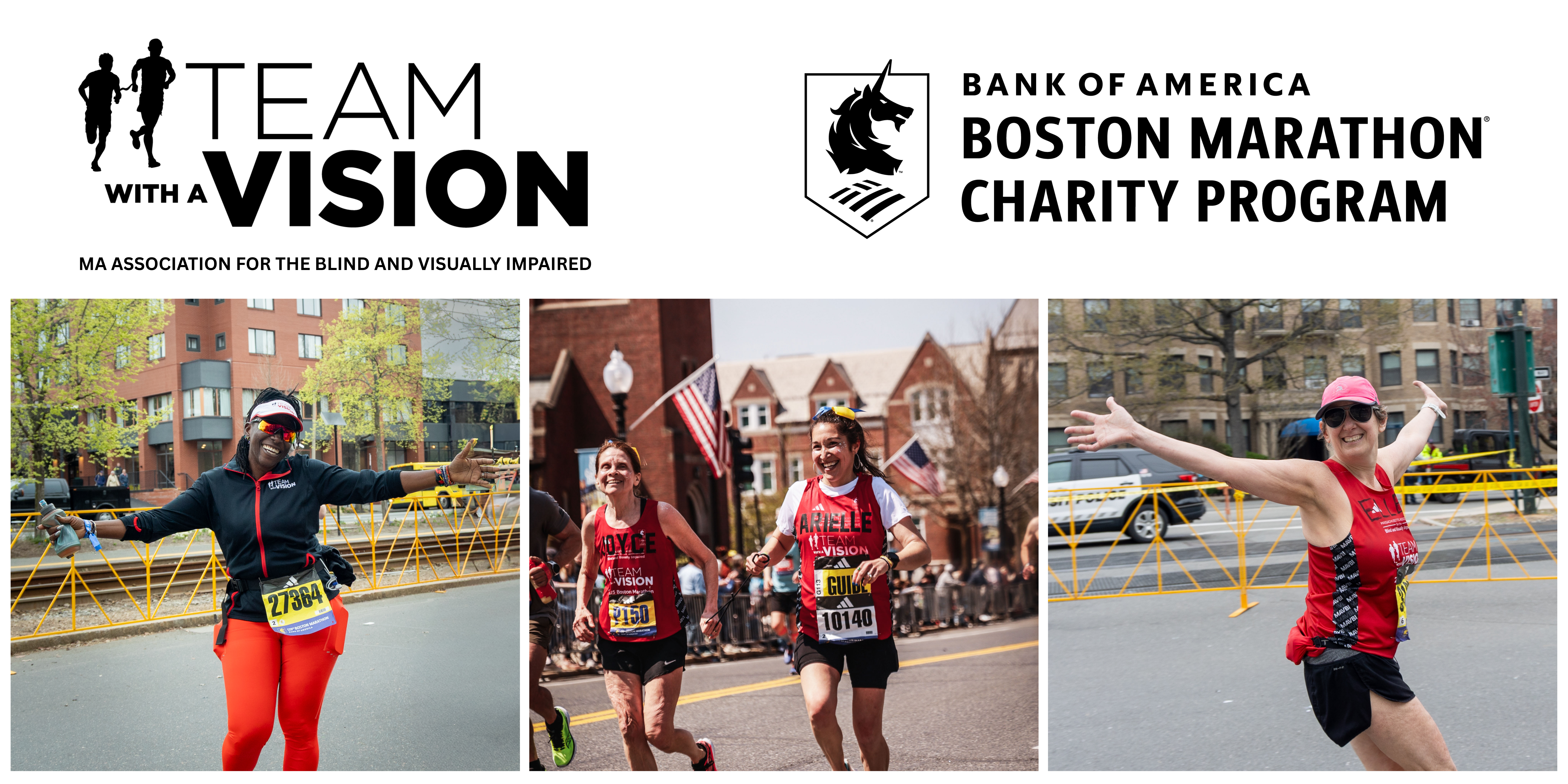 Banner displaying Team With A Vision logo and B.A.A. Charity Program logo with three pictures of runners smiling in Team With A Vision Apparel while running the Boston Marathon
